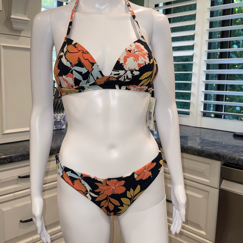NWT Roxy Floral Bikini Set - Black and Orange S